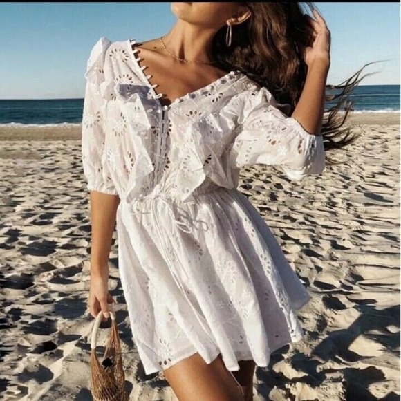 Miou Muse Dress M Florence Embroidered Eyelet Ruffle Button coastal Beach Boho - Picture 2 of 13